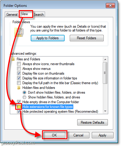 en el cuadro de diálogo de opciones de carpeta de Windows 7, haga clic en la pestaña de vista y luego desmarque las extensiones de ocultación para los tipos de archivos conocidos