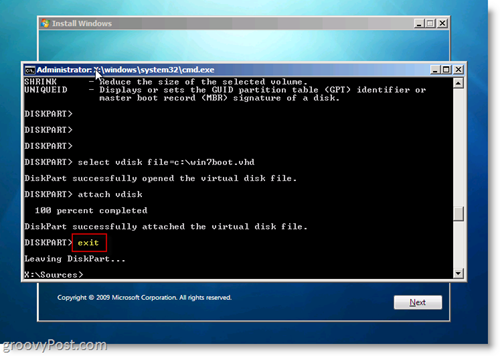 Windows 7 Native VHD Install Dual Boot Exit CMD Prompt