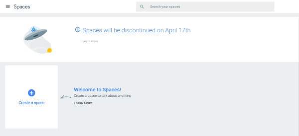 Google planea cerrar su herramienta de mensajería grupal, Spaces, el 17 de abril de 2017.