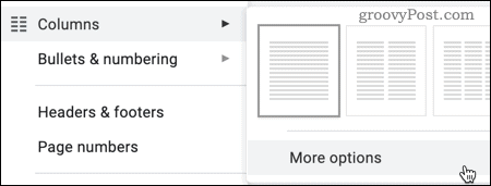 La opción Más opciones para columnas en Google Docs