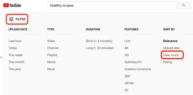 filtrar los resultados de búsqueda de YouTube por recuento de vistas