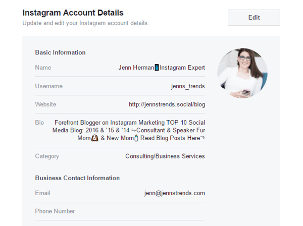 Puede editar algunos detalles de la cuenta de Instagram desde la configuración de su página de Facebook.