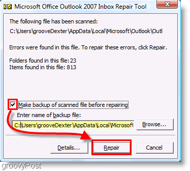 Captura de pantalla: Menú de reparación de Outlook 2007 ScanPST