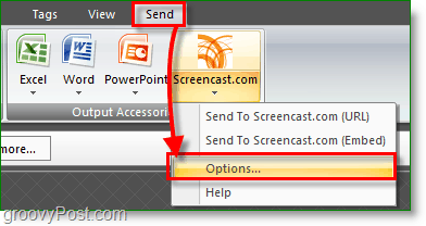 después de que esté instalado, haga clic en la pestaña enviar y luego en las opciones de screencast