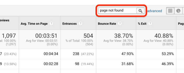 Opción de menú de Google Analytics para buscar la frase 'meu not found' para identificar páginas de error 404