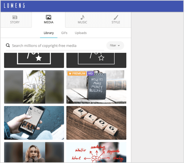Busque fotos de archivo, GIF y videos gratuitos y arrástrelos y suéltelos en diapositivas individuales en Lumen5.