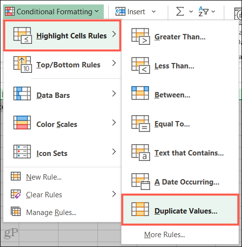 Resalte las reglas de celda, valores duplicados en Excel