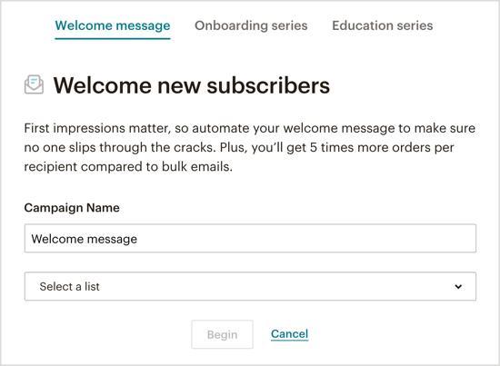 Seleccione qué tipo de correo electrónico de bienvenida automatizado desea enviar a través de su bot de Messenger. 