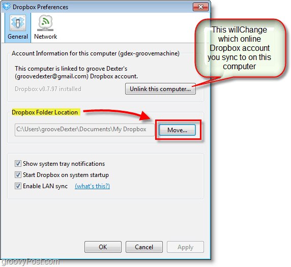 Captura de pantalla de Dropbox: cambiar la ubicación predeterminada de Dropbox o cambiar / eliminar cuentas de Dropbox