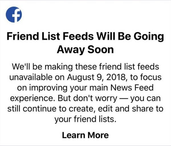 Los usuarios de Facebook ya no podrán usar listas de amigos para ver publicaciones de amigos específicos en un feed usando la aplicación de Facebook para dispositivos iOS después del 9 de agosto de 2018. 