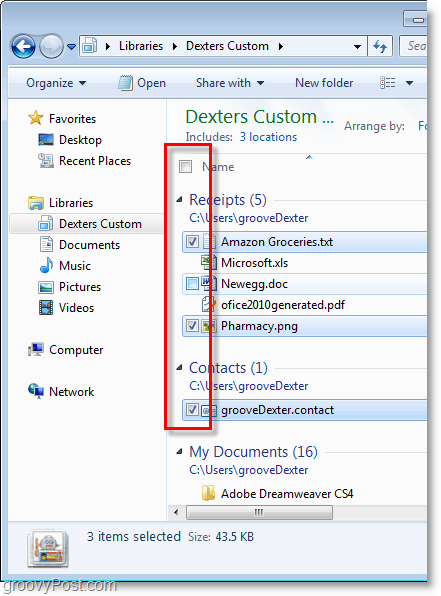 Captura de pantalla de Windows 7: use las casillas de verificación para seleccionar sus elementos, ¡genial!