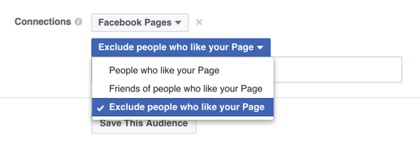Opción de orientación de anuncios de Facebook para excluir a las personas a las que ya les gusta una página