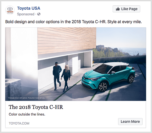 El anuncio de participación de Facebook de Toyota presenta Toyota C-HR turquesa y tiene un botón Aprender más.
