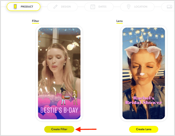 Haga clic en Crear filtro para configurar un geofiltro de Snapchat para su evento.