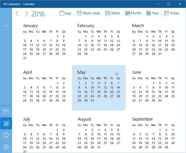 Actualización de vista de año completo de calendario de Windows 10
