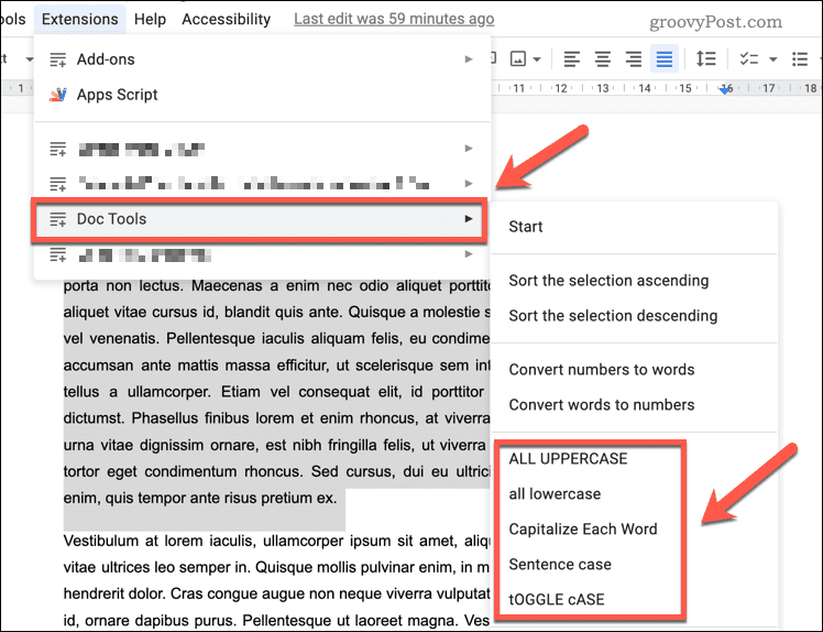 Cambio de mayúsculas y minúsculas con el complemento Doc Tools en Google Docs