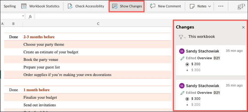 Mostrar cambios en Excel en línea