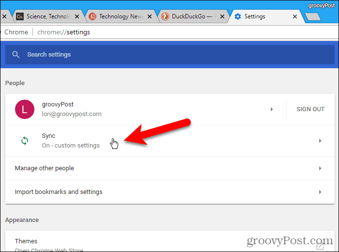 Haga clic en Sincronizar en la pantalla de Configuración de Chrome en Windows