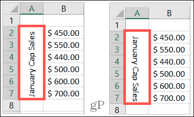 Texto girado hacia arriba y hacia abajo en Excel