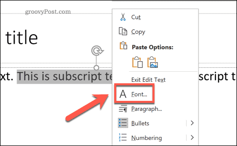 Acceder al menú de opciones de fuente en PowerPoint en Windows a través del menú de opciones emergente