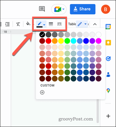 Iconos de la barra de herramientas del borde de la tabla de Google Docs