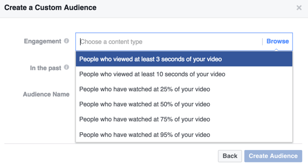 Seleccione los criterios de participación para su audiencia de videos personalizados de Facebook.