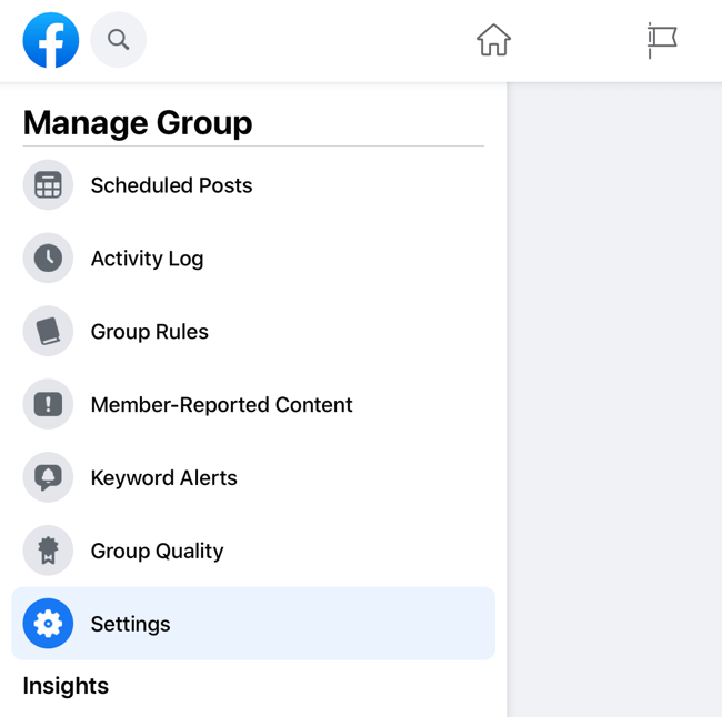 captura de pantalla del menú de grupo de administración de Facebook con la opción de configuración resaltada