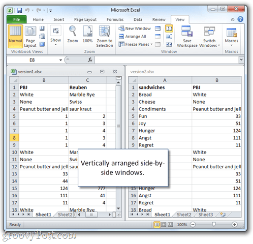 hoja de cálculo de Microsoft Excel una al lado de la otra