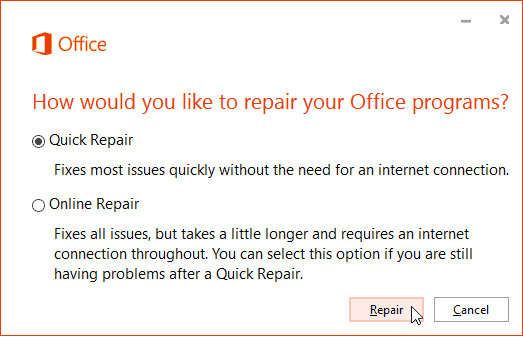 Office 365 reparación en línea