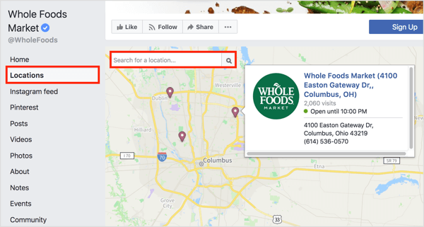 Al hacer clic en la pestaña Ubicaciones en una página de Facebook, se muestran ubicaciones individuales en un mapa. 