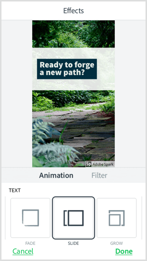 Seleccione una opción de animación de texto con la aplicación móvil Adobe Spark Post.