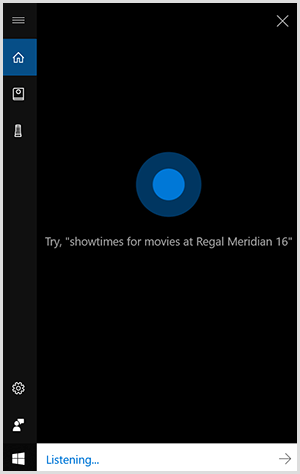 Cortana, la interfaz conversacional de Windows, es un cuadro vertical negro con un punto azul en el centro. Un campo blanco en la parte inferior indica que un dispositivo Windows está escuchando.