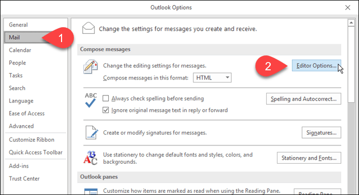 Haga clic en Correo y luego en Opciones del editor en Outlook