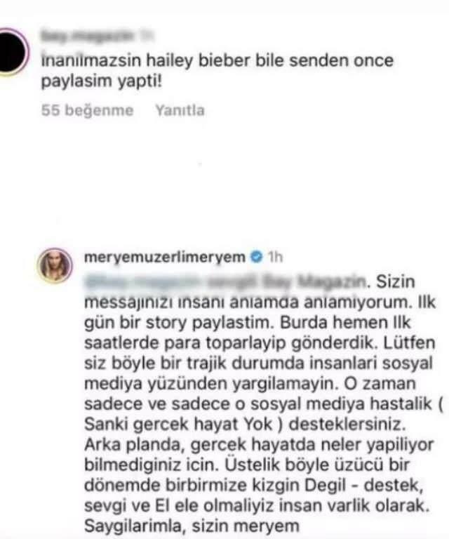 Meryem Uzerli reaccionó a las críticas.