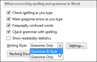 Word 2013 configurar gramática y estilo desplegable