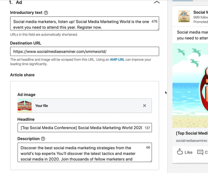 captura de pantalla del texto introductorio, la URL de destino, el título y los campos de descripción del anuncio de LinkedIn