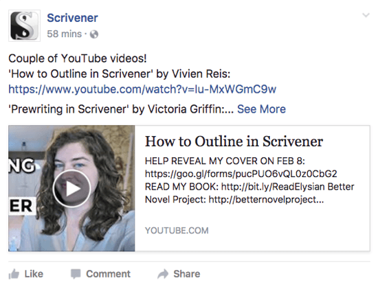 Scrivener comparte un video de YouTube que a los usuarios les puede gustar en su página de Facebook.