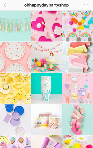Cómo mejorar tus fotos de Instagram, muestra de tema de feed de Instagram de Oh Happy Day Party Shop que muestra una paleta de colores brillantes