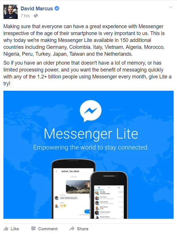 Facebook Messenger Lite ahora está disponible en más países del mundo.