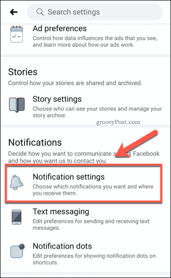 Opción de configuración de notificaciones móviles de Facebook