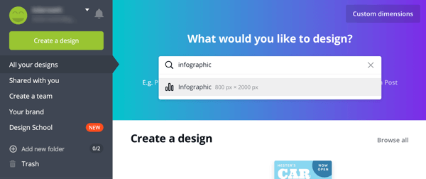 Opción para crear un diseño o editar una plantilla en Canva.