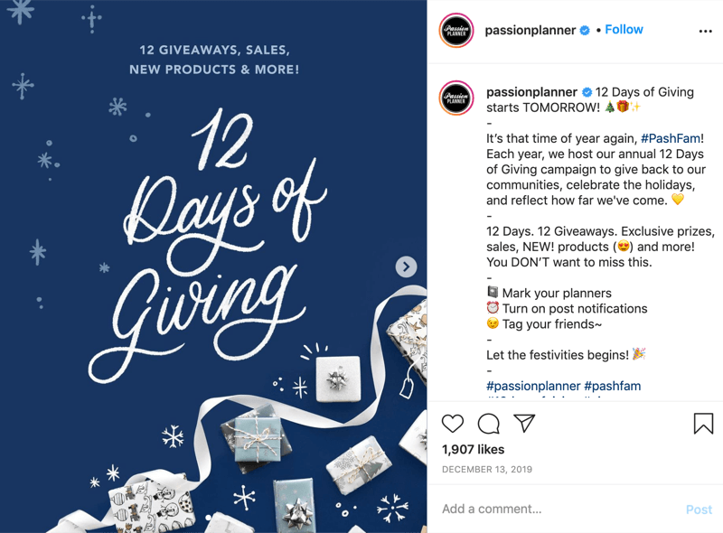 ejemplo de un concurso de sorteos de instagram para los 12 días de donaciones de @passionplanner anunciando que el sorteo comienza al día siguiente
