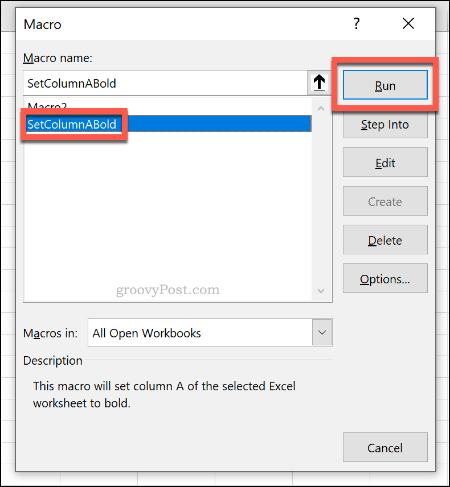 El menú de selección de macro para ejecutar una macro en Excel