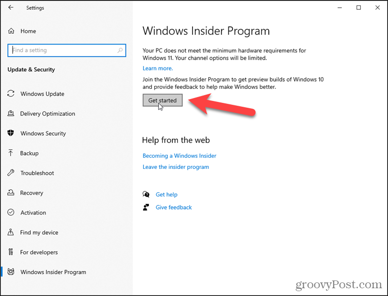 Haga clic en Comenzar para el programa Windows Insider