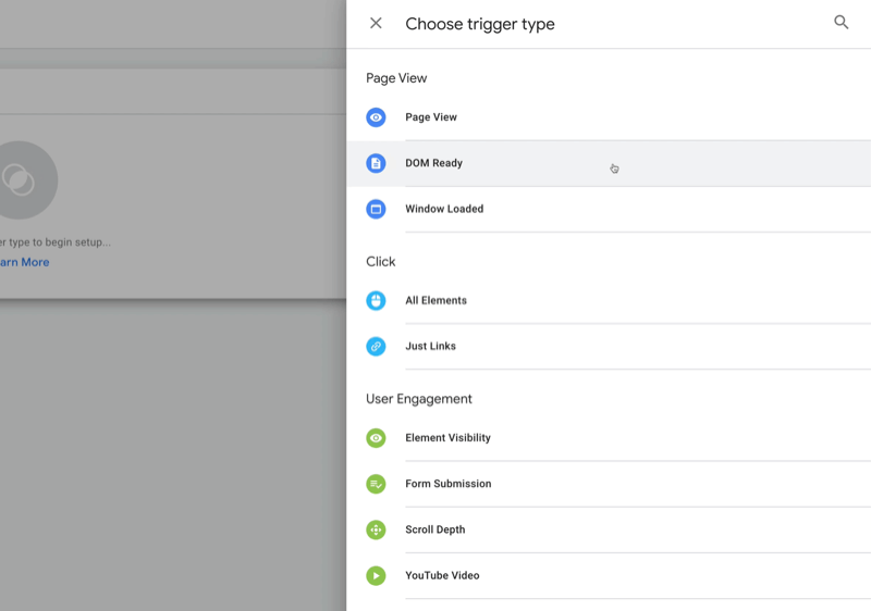 nueva etiqueta de administrador de etiquetas de Google con opciones de menú para elegir un tipo de activador, que incluyen vista de página, listo para dom, todos los elementos, envío de formularios y profundidad de desplazamiento, entre otros