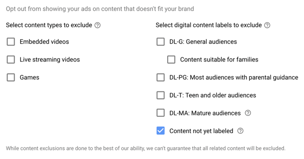Cómo configurar una campaña de anuncios de YouTube, paso 15, establecer tipos excluidos y opciones de etiquetas