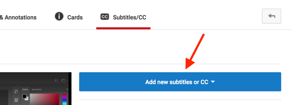 Abra su video de YouTube en Video Creator y haga clic en Agregar nuevos subtítulos o CC.