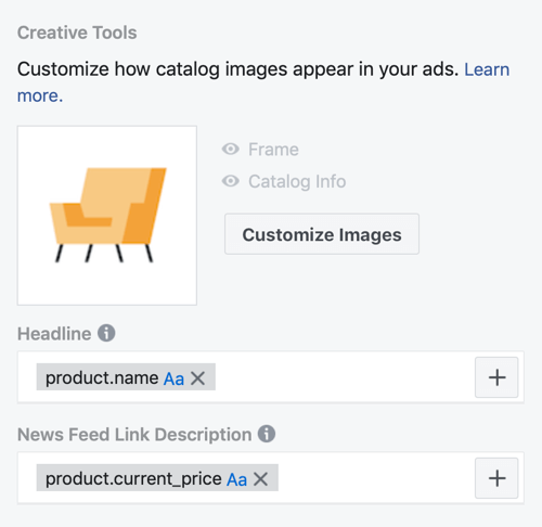 Utilice la herramienta de configuración de eventos de Facebook, paso 30, opciones de menú para personalizar cómo aparecen las imágenes del catálogo en los anuncios de Facebook