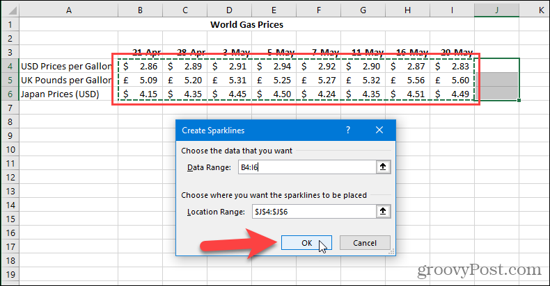 Crear diálogo de minigráficos en Excel