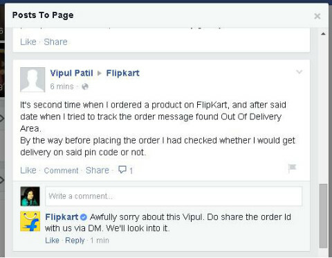 respuesta de facebook de flipkart